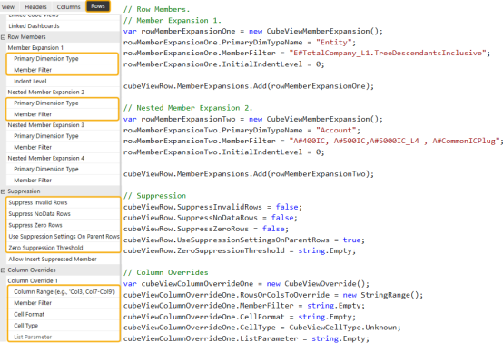  The Row Members, Suppression, and Column Overrides properties properties configured in the Dynamic Cube View Service